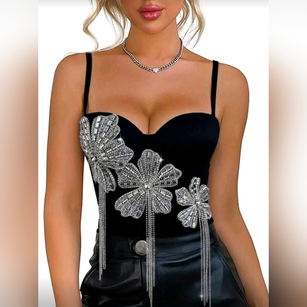 Black Diamond Studded Sparkling Flower Camisole Top Fishbone Corset